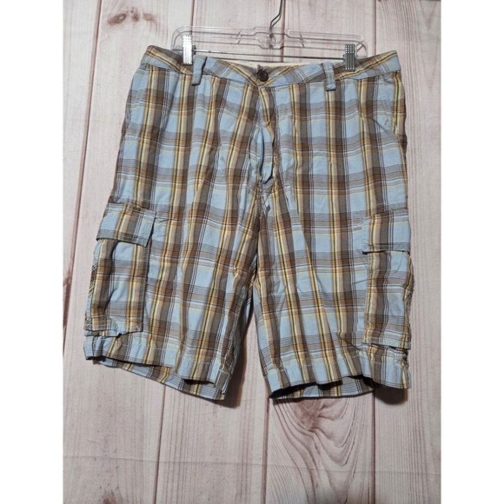 Dockers Mens 36 Relaxed Fit Washed Cargo Shorts Plaid Blue‎ Brown 100% Cotton